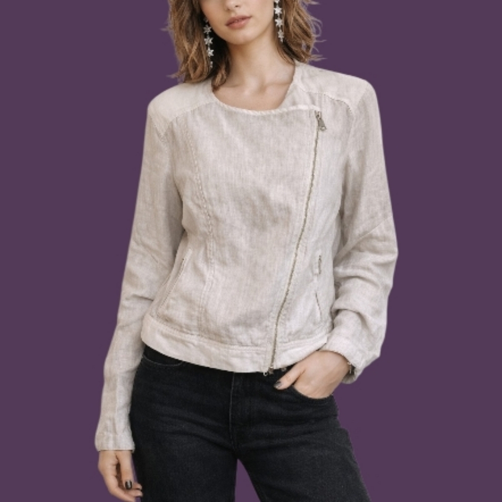 LOU & GREY Moto Style Striped Linen Lightweight Jacket